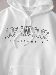 INAWLY Letter Graphic Kangaroo Pocket Drop Shoulder Drawstring Thermal Hoodie - White - View 5