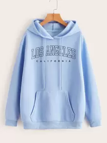 SHEIN EZwear Áo hoodie ấm áp Đồ họa Chữ cái Túi kangaroo Thả vai Dây rút - Màu xanh nhạt - Xem 1
