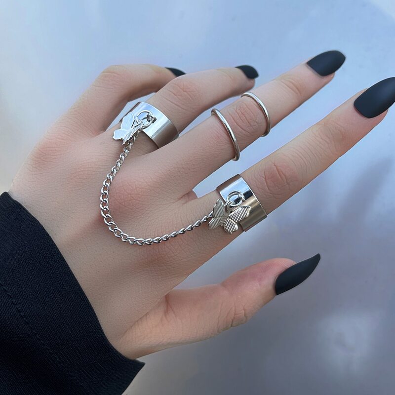 

3pcs Butterfly Chain Linked Ring, Silver