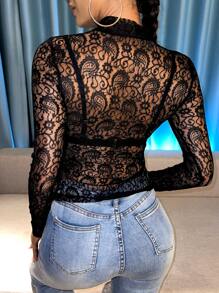 See Through Lace Top Without Bra - Black - View 2