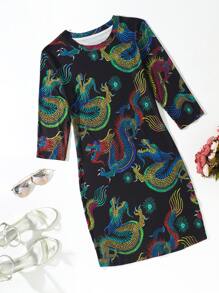 Chinese Dragon Print Dress - Multicolor - View 1