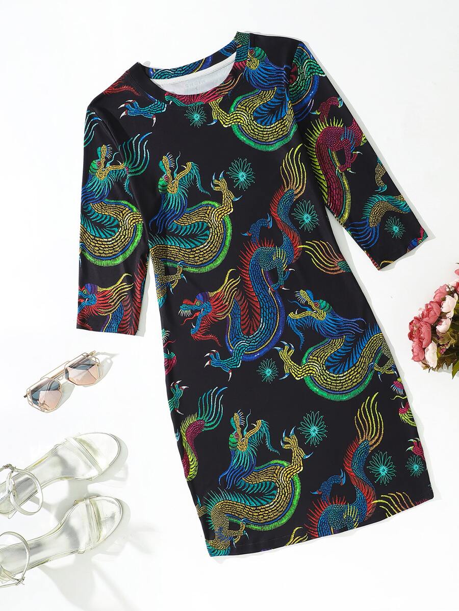 Chinese Dragon Print Dress - Multicolor - View 1