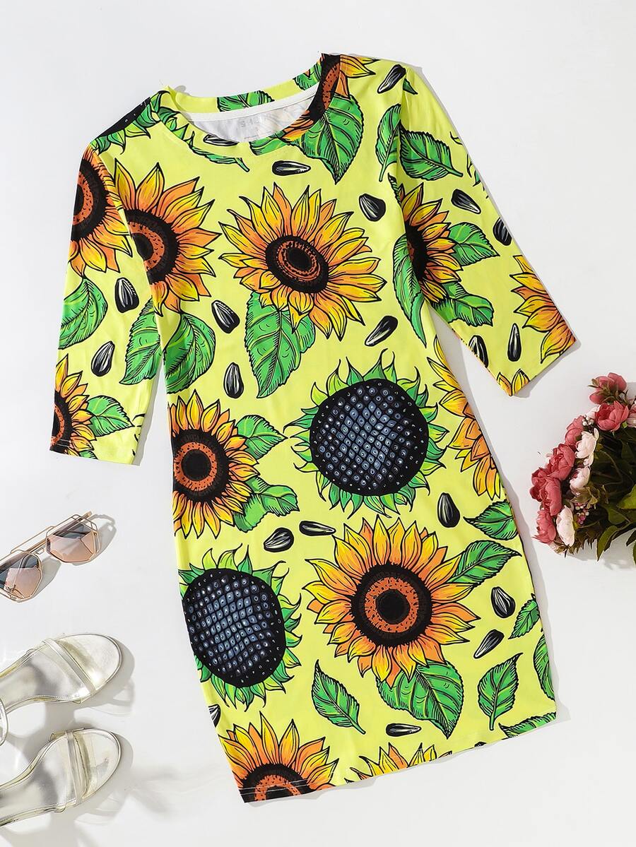 Vestido con estampado de girasol de cuello redondo - Multicolor - Ver 1