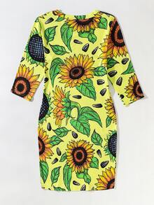 Vestido con estampado de girasol de cuello redondo - Multicolor - Ver 2