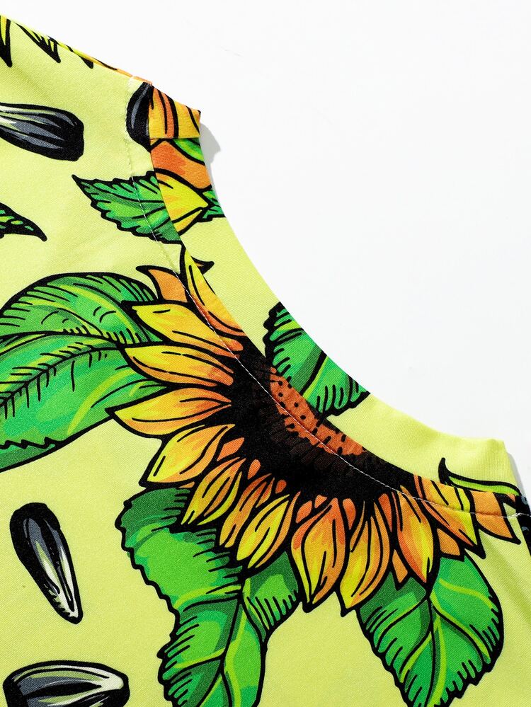 Vestido con estampado de girasol de cuello redondo - Multicolor - Añade 3