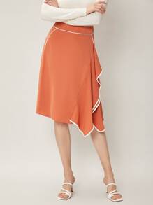 SHEIN Clasi 撞色滾邊不對稱半身裙 - 珊瑚橙 - 查看 1
