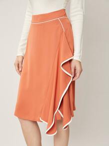 SHEIN Clasi 撞色滾邊不對稱半身裙 - 珊瑚橙 - 查看 4