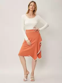 SHEIN Clasi 撞色滾邊不對稱半身裙 - 珊瑚橙 - 查看 6