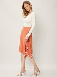 SHEIN Clasi 撞色滾邊不對稱半身裙 - 珊瑚橙 - 查看 8