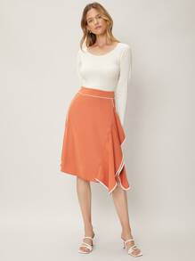 SHEIN Clasi 撞色滾邊不對稱半身裙 - 珊瑚橙 - 查看 9