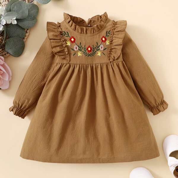 

для детей Платье с цветочной вышивкой с рукавами-воланами с оборкой из вельвета, Коричневые