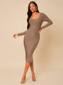 SHEIN Đầm màu trơn Thanh lịch - Màu nâu  Mocha - Xem 1