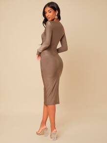 SHEIN Đầm màu trơn Thanh lịch - Màu nâu  Mocha - Xem 2