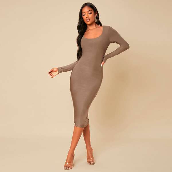 

Solid Scoop Neck Bodycon Dress, Brown