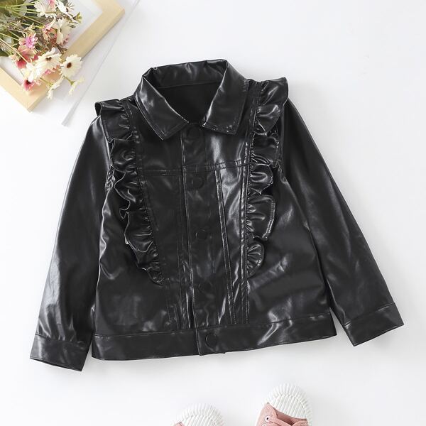 

Toddler Girls Ruffle Trim PU Leather Jacket, Black