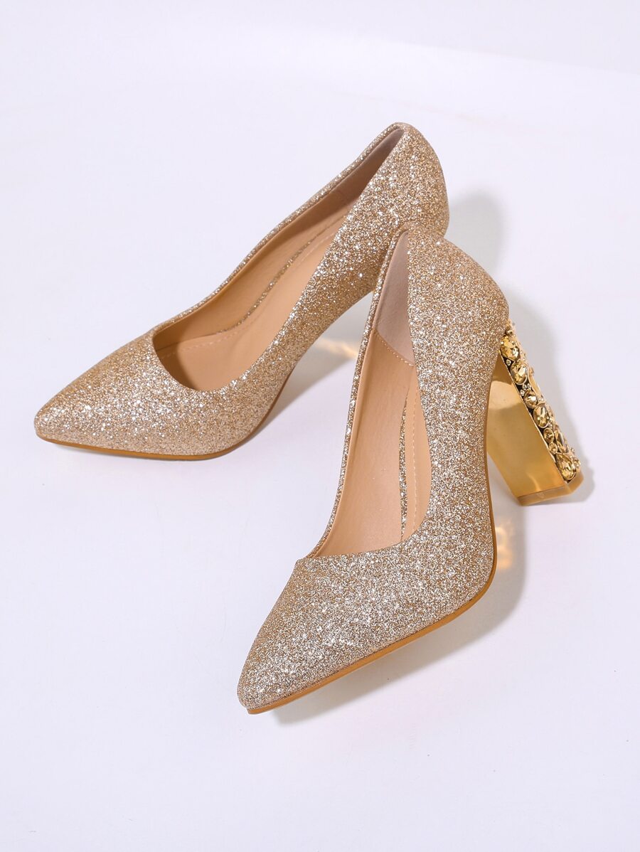 水鑽裝飾粗跟高跟單鞋 - 金色 - 查看 1