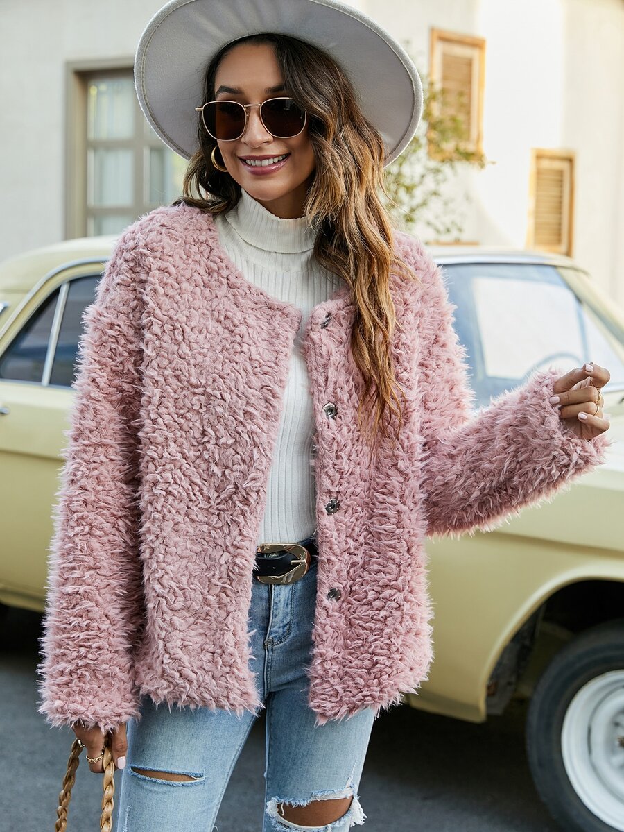 Solid Button Up Fuzzy Coat - Baby Pink - View 1