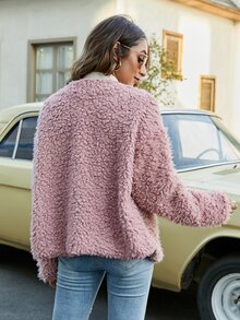Solid Button Up Fuzzy Coat - Baby Pink - View 2