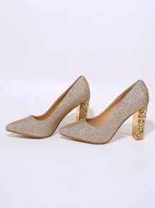 水鑽裝飾粗跟高跟單鞋 - 金色 - 查看 4