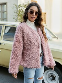 Solid Button Up Fuzzy Coat - Baby Pink - View 3