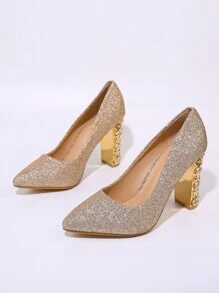 水鑽裝飾粗跟高跟單鞋 - 金色 - 查看 5