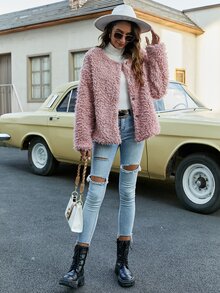 Solid Button Up Fuzzy Coat - Baby Pink - View 4