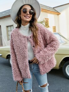 Solid Button Up Fuzzy Coat - Baby Pink - View 5