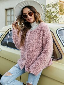 Solid Button Up Fuzzy Coat - Baby Pink - View 6