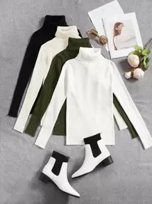 SHEIN LUNE 4 piezas Jersey unicolor cuello alto tejido de canalé - Multicolor - Ver 1