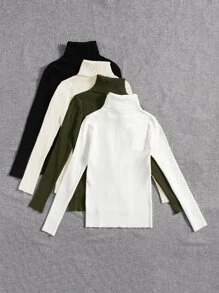 SHEIN LUNE 4 piezas Jersey unicolor cuello alto tejido de canalé - Multicolor - Ver 2