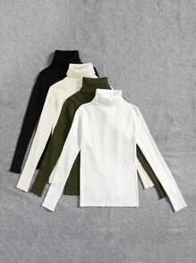 SHEIN LUNE 4 piezas Jersey unicolor cuello alto tejido de canalé - Multicolor - Ver 4