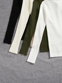 SHEIN LUNE 4 piezas Jersey unicolor cuello alto tejido de canalé - Multicolor - Ver 5