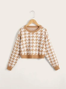 女孩千鳥格落肩袖套頭毛衣 - 彩色 - 查看 1