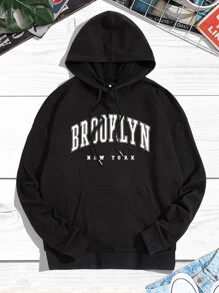 Manfinity Campus Court Aesthetic Post--Men Letter Graphic Drawstring Hoodie - Black - View 1
