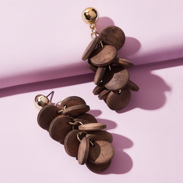 

Wood Round Decor Drop Earrings, Brown