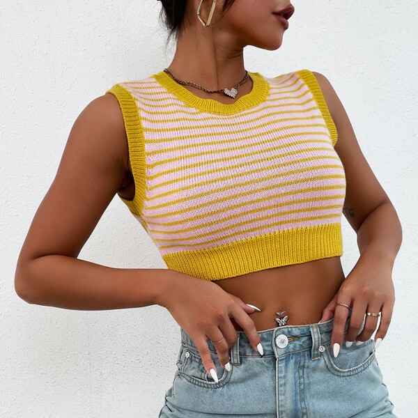 

Stripe Pattern Contrast Trim Crop Sweater Vest, Multicolor