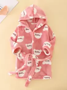 Young Girl Letter & Cartoon Graphic Belted Flannel Hooded Robe - Dusty Pink - View 1