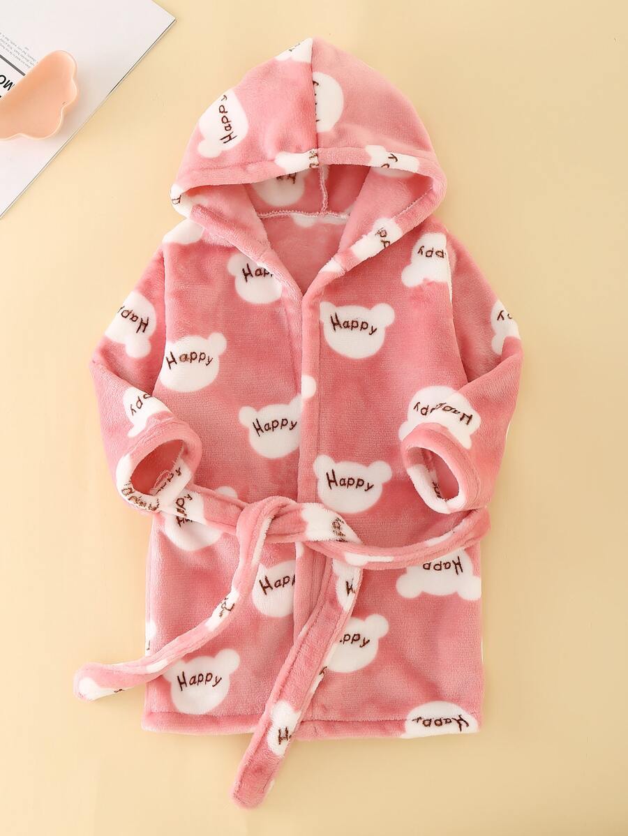 Young Girl Letter & Cartoon Graphic Belted Flannel Hooded Robe - Dusty Pink - View 1