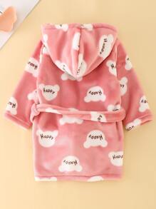 Young Girl Letter & Cartoon Graphic Belted Flannel Hooded Robe - Dusty Pink - View 2