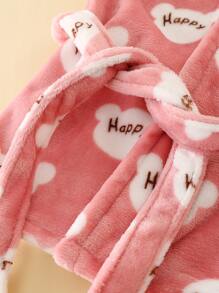 Young Girl Letter & Cartoon Graphic Belted Flannel Hooded Robe - Dusty Pink - View 5