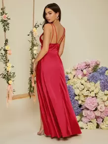 SHEIN Open Back Split Thigh Satin Prom Dress - Red - View 2
