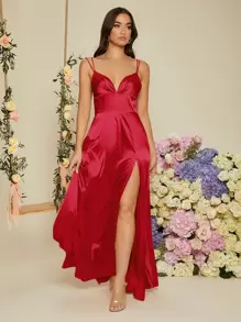 SHEIN Open Back Split Thigh Satin Prom Dress - Red - View 3