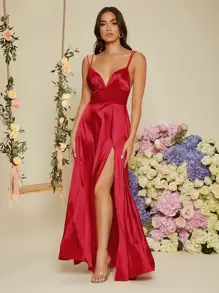 SHEIN Open Back Split Thigh Satin Prom Dress - Red - View 4