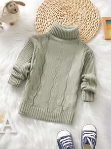 小男童麻花編織麻花編織套頭毛衣 - 軍綠色 - 查看 1