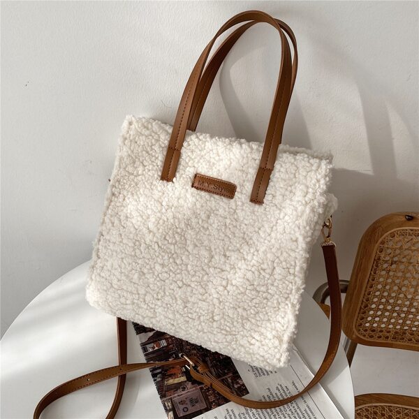 

Letter Patch Fuzzy Top Handle Bag, White