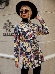 印花落肩袖腰帶襯衫 - 彩色 - 查看 1