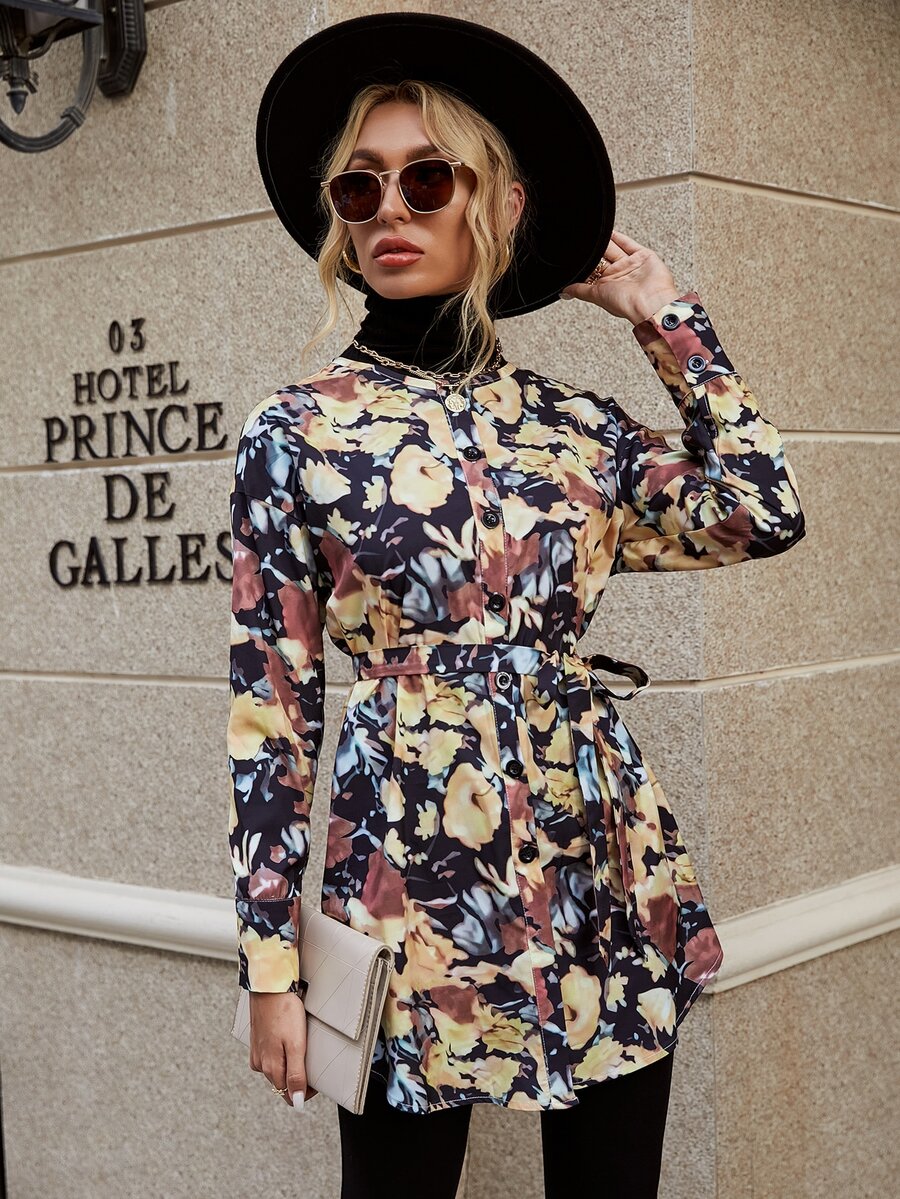 印花落肩袖腰帶襯衫 - 彩色 - 查看 1