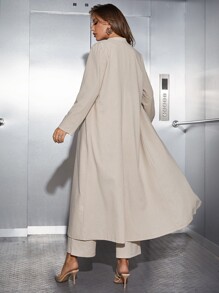 Modelyn Solid Button Front Tank Top & Wide Leg Trousers & Coat - Khaki - View 2