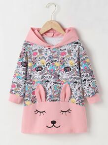 女童字母卡通图案3D耳朵设计落肩卫衣裙 - 彩色 - 查看 1