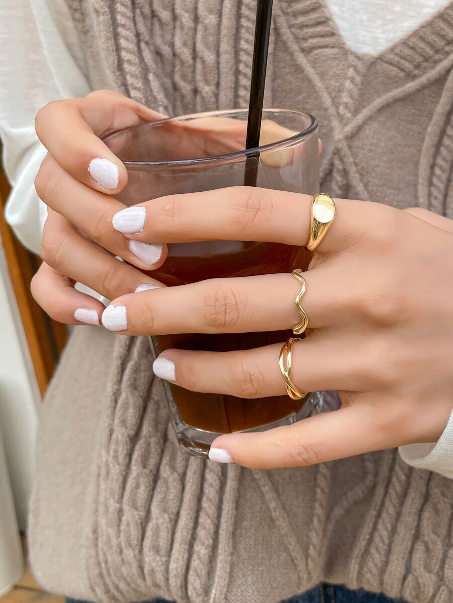 DAZY 3入組素色結構戒指 - 金黃色 - 查看 1